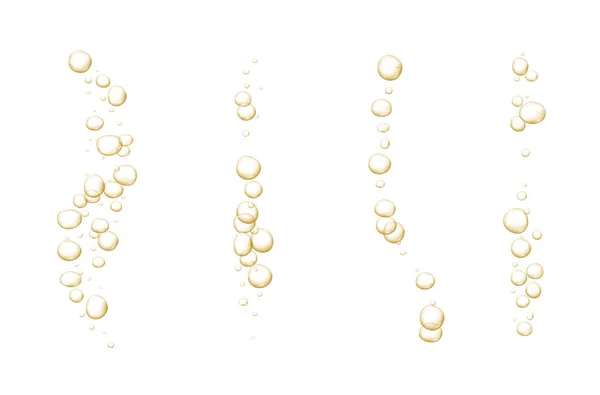 Gouden bruisende bellen. Sparkles champagne. Fizzy pop en bruisende drank. Abstracte frisdrank en luchtbellen, zuurstof, champagnekristal. Vector illustratie op zwarte transparante achtergrond. — Stockvector