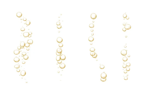 Bulles dorées pétillantes. Du champagne pétillant. Fizzy pop et boisson effervescente. Bulles abstraites de soda et d'air frais, oxygène, cristal de champagne. Illustration vectorielle sur fond noir transparent. — Image vectorielle