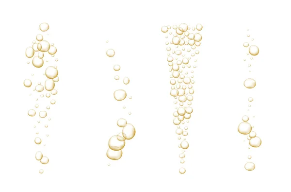 Gold sprudelt vor Blasen. Funkelt Champagner. Schwungvoller Pop und sprudelnder Drink. Abstraktes frisches Soda und Luftblasen, Sauerstoff, Champagnerkristall. Vektor-Illustration auf schwarzem transparentem Hintergrund. — Stockvektor