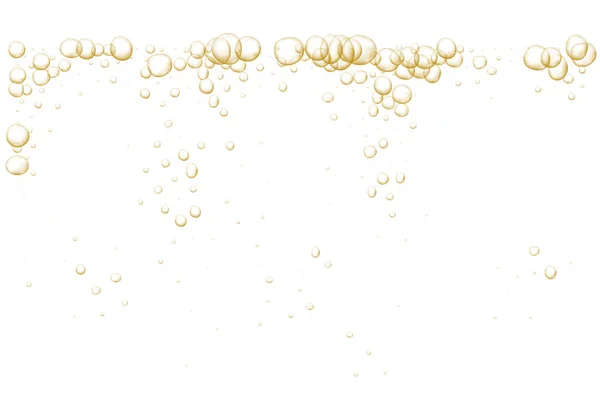 Gold fizzy bubbles. Sparkles champagne. Fizzy pop and effervescent drink. Abstract fresh soda and air bubbles, oxygen, champagne crystal. Vector illustration on black transparent background. — Stock Vector