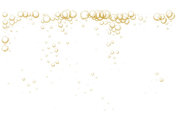 Gold fizzy bubbles. Sparkles champagne. Fizzy pop and effervescent drink. Abstract fresh soda and air bubbles, oxygen, champagne crystal. Vector illustration on black transparent background.