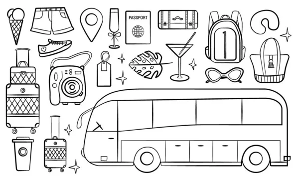 Road bus trip. Set of doodle travel design elements. Hand drawn road trip doodles perfect for vacation and travel flyers and posters. — Stock Vector
