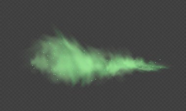 Yeşil toz. Yeşil parçacıklarla birlikte soyut bulanık duman. Şeffaf arkaplanda duman veya toz izole edilmiş. Soyut mistik gaz. Vektör illüstrasyonu.