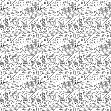 Seyahat ve seyahat elementleriyle kusursuz bir düzen. Tasarım için kusursuz desen, posterler, arka plan tatili ve gezi teması. Plan, bilet. siutcase ve etiket satırı biçimi.