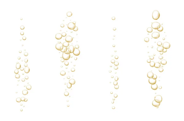 Gold fizzy bubbles. Sparkles champagne. Fizzy pop and effervescent drink. Abstract fresh soda and air bubbles, oxygen, champagne crystal. Vector illustration on black transparent background. — Stock Vector