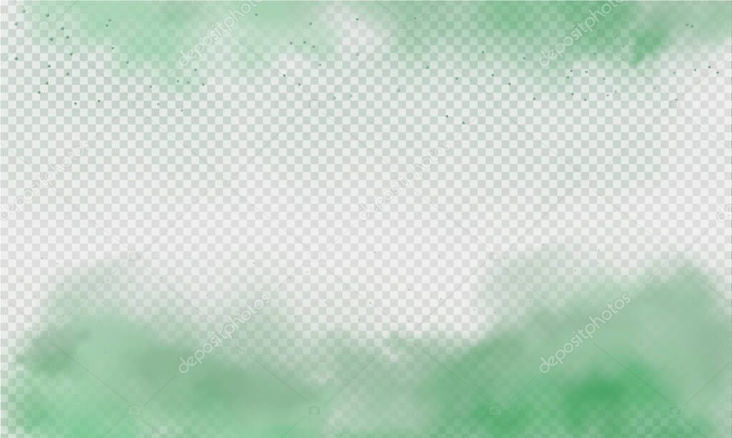 Green fog or smoke. Green dust with particles. Smoke or dust isolated on transparent background. Abstract mystical gas. Vector illustration.