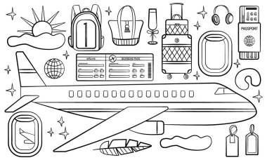 Karalama seyahat tasarım elementleri seti. El çizimi tatil ve seyahat karalamaları yaz gezisi için harika broşürler ve posterler..