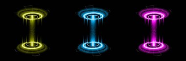 Renkli hologram portalı. Sihirli fantezi kapısı. Hologram etkisi olan sihirli daire ışınlanma podyumu. Clark parkında kıvılcımlar saçan vektör ışınları.