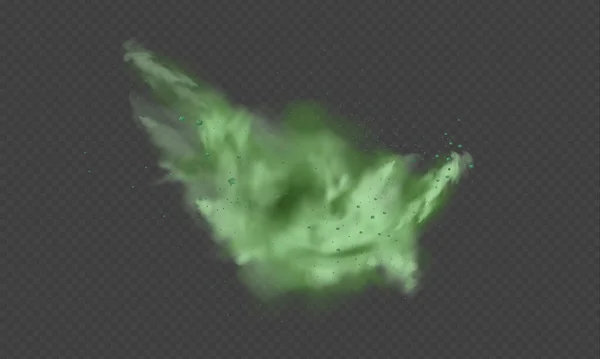 Polvo verde. Humo difuso abstracto con partículas verdes. Humo o polvo aislado sobre fondo transparente. Gas místico abstracto. Ilustración vectorial. — Vector de stock