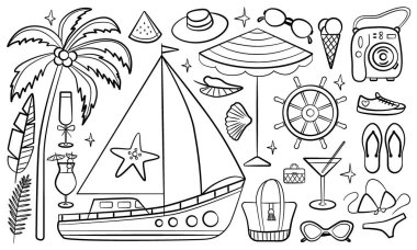 Karalama seyahat tasarım elementleri seti. El çizimi tatil ve seyahat karalamaları yaz plajı ve yat broşürleri ve posterleri için mükemmel..