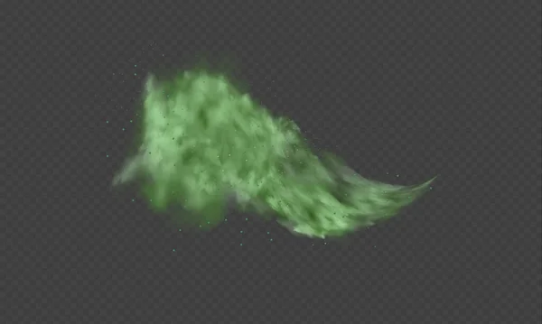 Zelený prach. Abstraktní rozmazaný kouř se zelenými částicemi. Kouř nebo prach izolovaný na průhledném pozadí. Abstraktní mystický plyn. Vektorová ilustrace. — Stockový vektor