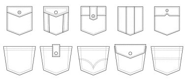 Yama cebi. Giysiler, elbiseler, gömlekler, sıradan kot pantolonlar için yama cepleri. Ayrı simgeler.