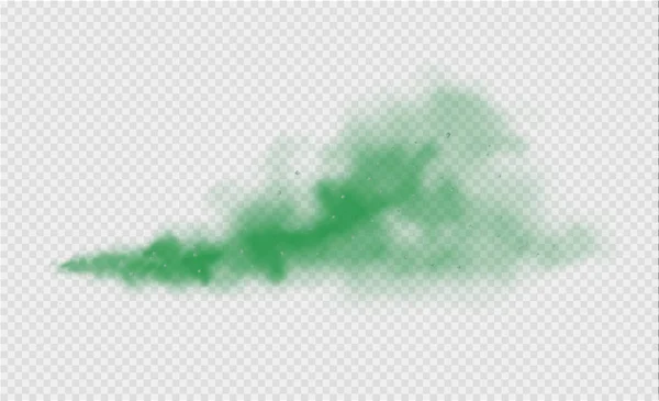 Niebla verde o humo. Polvo verde con partículas. Humo o polvo aislado sobre fondo transparente. Gas místico abstracto. Ilustración vectorial. — Vector de stock