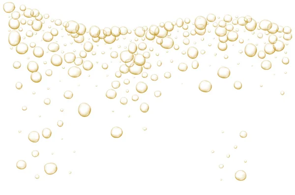 Gold fizzy bubbles. Sparkles champagne. Fizzy pop and effervescent drink. Abstract fresh soda and air bubbles, oxygen, champagne crystal. Vector illustration on black transparent background. — Stock Vector