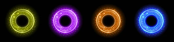 Портал цветной голограммы. Волшебный портал. Волшебный круг с ореолом. Векторный цветной светящийся научно-фантастический телепорт с искрами и голограммой, технологический фон. — стоковый вектор