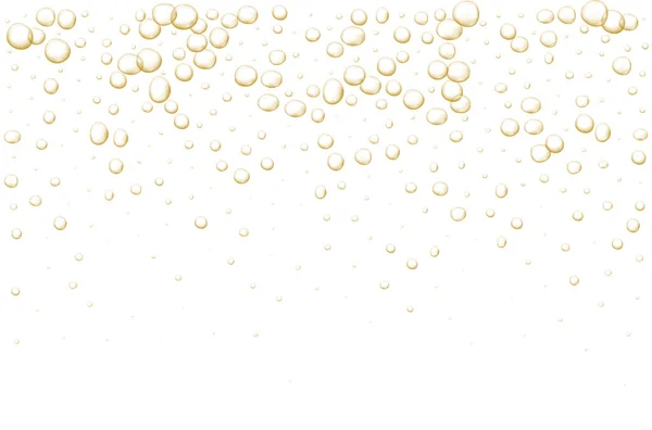 Guldbubblor. Mousserande champagne. Fizzy pop och brusande dryck. Abstrakt färsk läsk och luftbubblor, syre, champagne kristall. Vektor illustration på svart transparent bakgrund. — Stock vektor