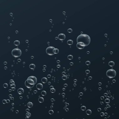 Şeffaf köpükler. Parıltılı şampanya. Fizzy pop ve coşkulu içki. Soyut taze soda, hava kabarcıkları, oksijen, şampanya kristali. Siyah arkaplanda vektör illüstrasyonu.