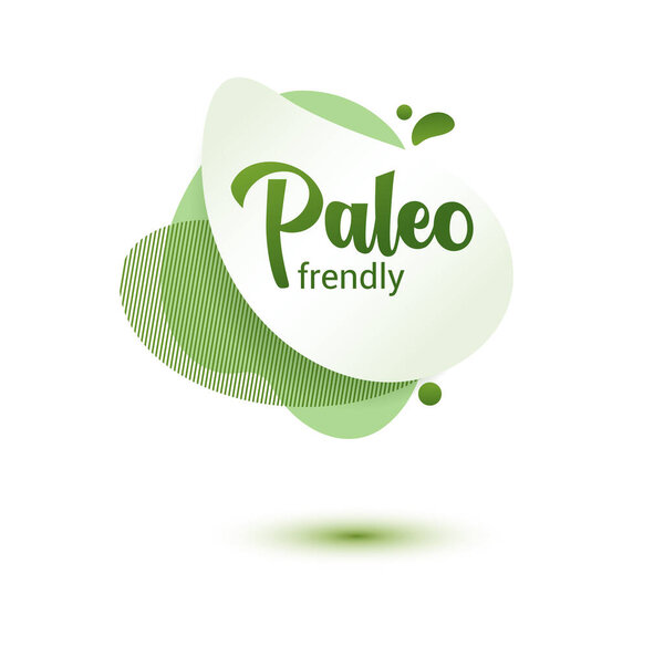 Paleo diet frendly badge. Green amoeba design of sticker for paleo diet menu, poster, flyer.