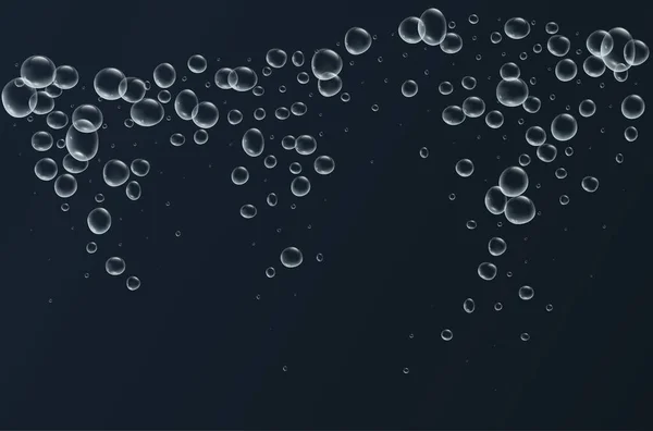 Burbujas fizzy transparentes. Champán espumoso. Fizzy pop y bebida efervescente. Abstracto soda fresca y burbujas de aire, oxígeno, cristal de champán. Ilustración vectorial sobre fondo negro. — Vector de stock