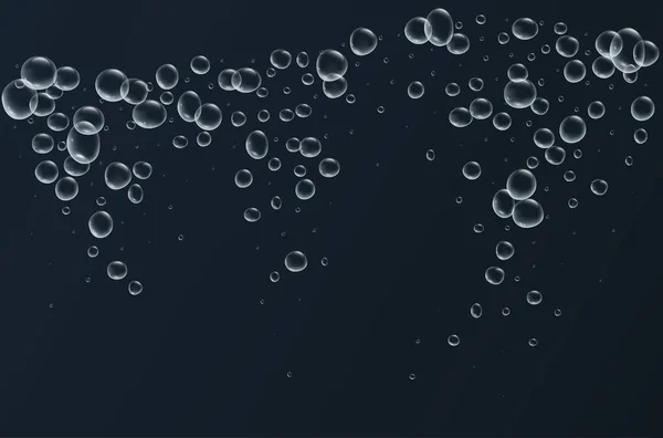 Bulles gazeuses transparentes. Du champagne pétillant. Fizzy pop et boisson effervescente. Bulles abstraites de soda et d'air frais, oxygène, cristal de champagne. Illustration vectorielle sur fond noir. — Image vectorielle