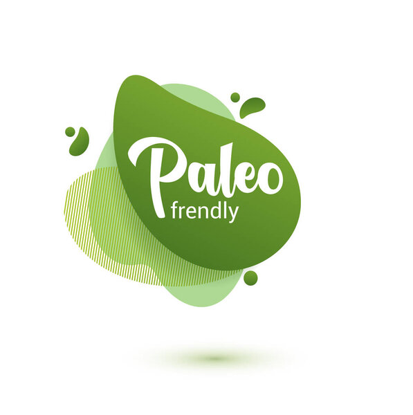 Paleo diet frendly badge. Green amoeba design of sticker for paleo diet menu, poster, flyer.