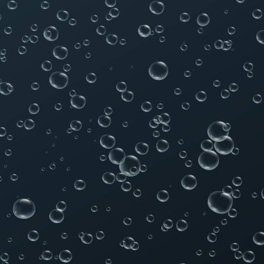 Şeffaf köpükler. Parıltılı şampanya. Fizzy pop ve coşkulu içki. Soyut taze soda, hava kabarcıkları, oksijen, şampanya kristali. Siyah arkaplanda vektör illüstrasyonu.