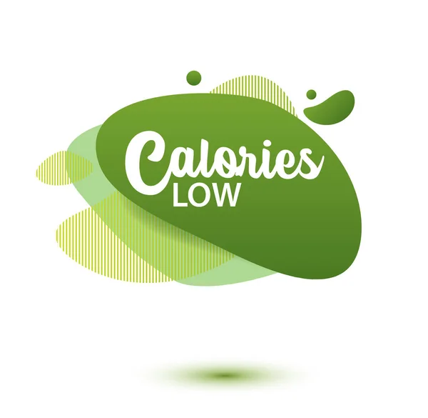 Nízká hladina kalorií. Zelená améba design samolepky pro dietní menu, plakát, leták, balení potravin. — Stockový vektor