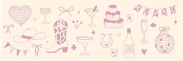 Elegant cowgirl-inspired flatlay with pink tones, disco elements, and playful festive details. Great for fashion, lifestyle, and holiday advertising visuals with a trendy western twist.