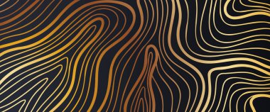 Yumuşak altın kıvrımlar yankı ağacı halkaları ve karanlık bir temele doğru kum dalgaları. Lüks markalar, modern şablonlar ve geometrik soyut tasarımlar için mükemmel..