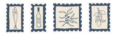 İtalyan mutfak malzemelerini gösteren stilize posta pulları. Mesela zeytinyağı, domates, limon, şifalı otlar ve deniz ürünleri..