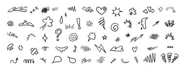El çizimi anime duygu efektleri komik stilde elementler. Satır okları, karalamalar, manga, çizgi film ifadeleri, hareket ve eğlenceli dekoratif kullanım için duygu işaretleri ve sembolleri içerir.