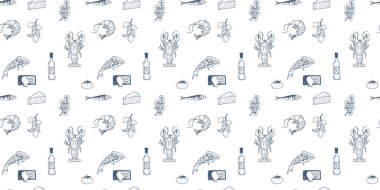 Limonlar, zeytin dalları, deniz ürünleri ve taze bir yaz tarzında İtalyan kıyı mutfağı içeren el yapımı pürüzsüz desenler..