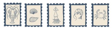 Decorative vintage-style postage stamps featuring seafood elements. Coastal inspired set suitable for packaging, branding, posters and creative projects.
