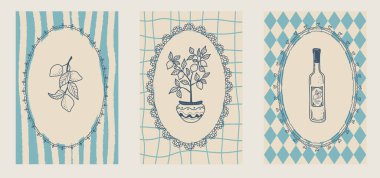 İtalyan deniz ürünleri menüsü için tuhaf dantel sınır çizimi. Amalfi Sahili yaz havası, plaj pikniği tarzı çerçeve yemek posteri, mutfak baskısı ve illüstrasyon sanatı.