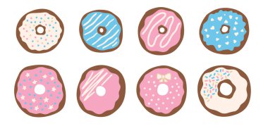 Farklı malzemelerle tatlı pastel çörek koleksiyonu. Çıkartmalar, planlamacılar, çocuk tasarımları, davetiyeler ve fırın markaları için el yapımı tatlı unsurlar..