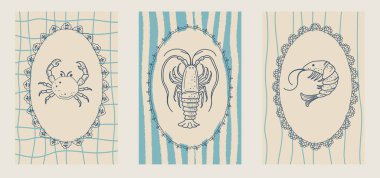 Plaj pikniği ve Amalfi Sahili 'nden esinlenilmiş dekoratif İtalyan çerçeve çizimi. Deniz ürünleri menüsü için tuhaf dantel sınırı, yemek posteri, mutfak sanatı ve baskı.