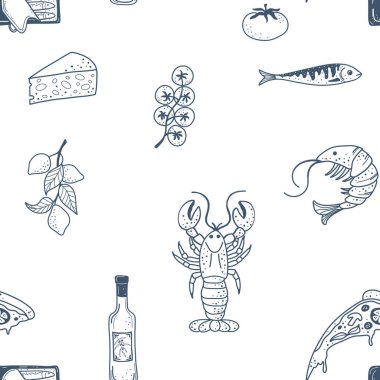 İtalyan kahvaltısı, meyve, kahve elementleri ve el yapımı klasik karalamalarla eğlenceli, pürüzsüz bir desen..