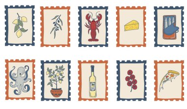 İtalyan kıyı mutfağı: deniz ürünleri, limonlar, pizza, zeytinyağı ve parmak izi, menü ve dekor için Akdeniz elementleri.