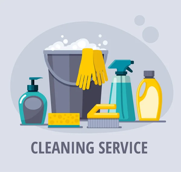 Artículos de limpieza. Rociar, esponja, cepillo, cubo. Servicio de limpieza web banner. — Vector de stock