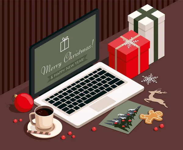 Yeni yıl ve Noel arkaplanı hediyeler, dizüstü bilgisayarlar, kurabiyeler, tebrik kartları ve Noel oyuncakları. 3B izometrik 
