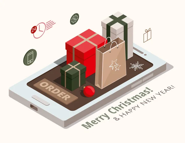 Vánoční nákupy. Dárkové krabice, kraft papír a červená koule na mobilním telefonu. 3D izometrická ilustrace. — Stockový vektor