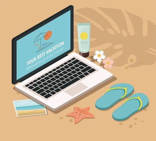 Summer Vacation and Tourism. Laptop, sun block and flip-flops on sandy beach. 3d Isometric — Stock Vector