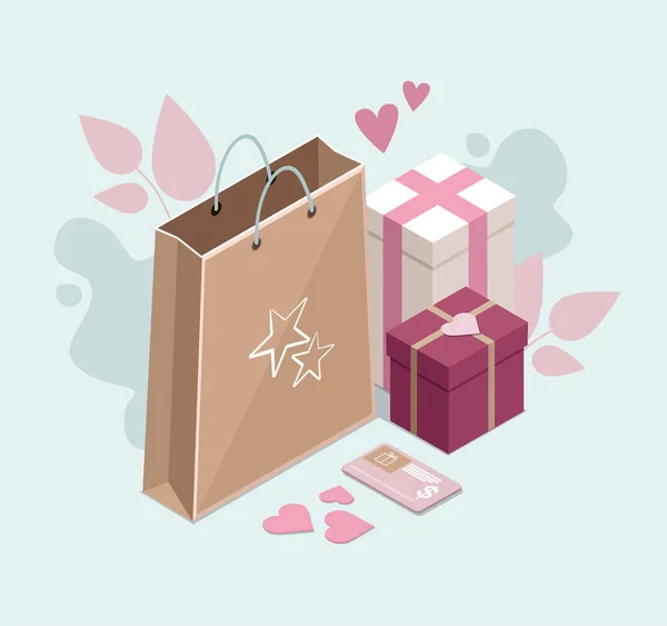 Joyeuse Saint-Valentin. Cadeaux et sac en papier. Illustration isométrique — Image vectorielle