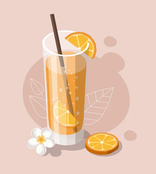 Vaso de zumo de naranja con flor tropical y naranja en rodajas — Archivo Imágenes Vectoriales