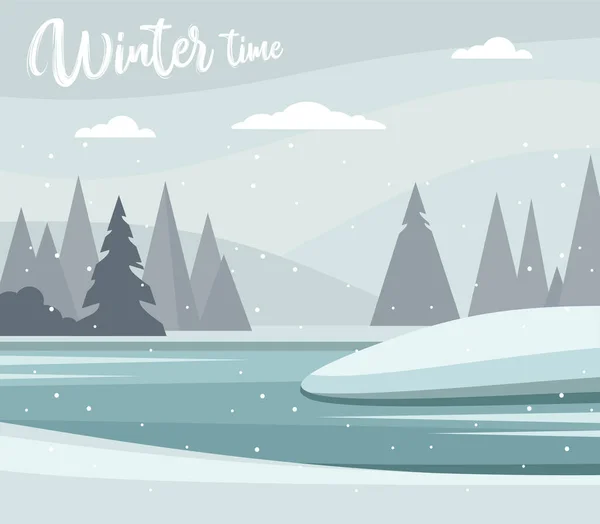 Paisaje invernal con bosque de abetos y río — Vector de stock