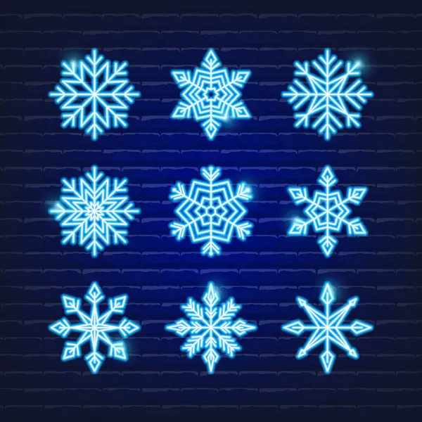 Sneeuwvlok Vector Neon Icoon Set Kerstmis Nieuwjaar Concept Gloeiende Vectorillustratie — Stockvector