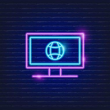 Bilgisayar monitörü Neon simgesi. Seo servis tabelası. Web kavramı
