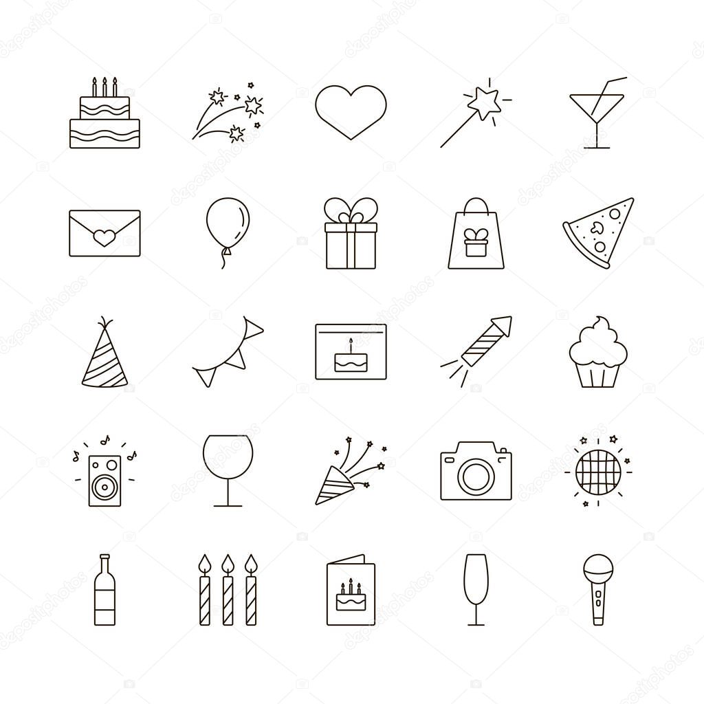 Birthday icon set line art. Party concept. Vector illustration for design. Valentines day sign