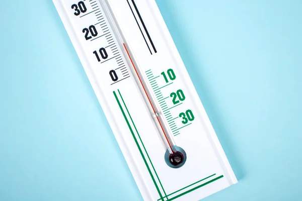 Thermometer Measuring Temperature Indoors Outdoors Isolated Blue Background Weather Concept — Stock Photo, Image