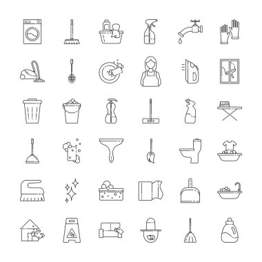 Ev temizleme servisi resim ikonu seti. İnce çizgi şeklinde düz tabelaların vektör çizimi. Temizlik ve çamaşır hizmetleri kavramı